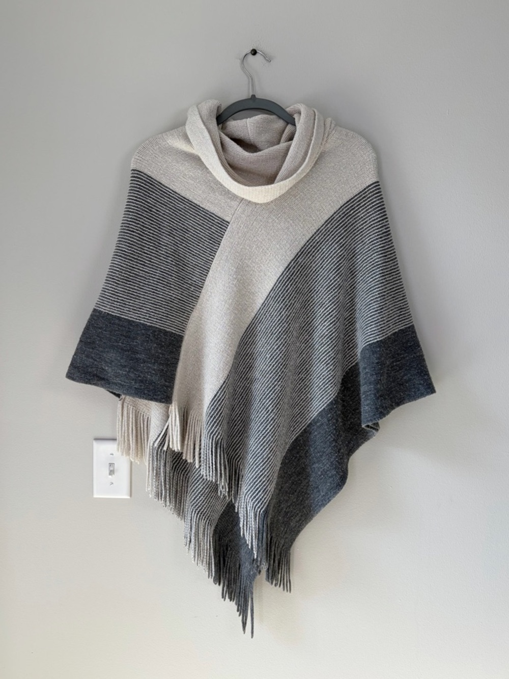 Chicos Colorblock Grayscale Shine Cowl Neck Fringe Trim Cozy Poncho ONE SIZE